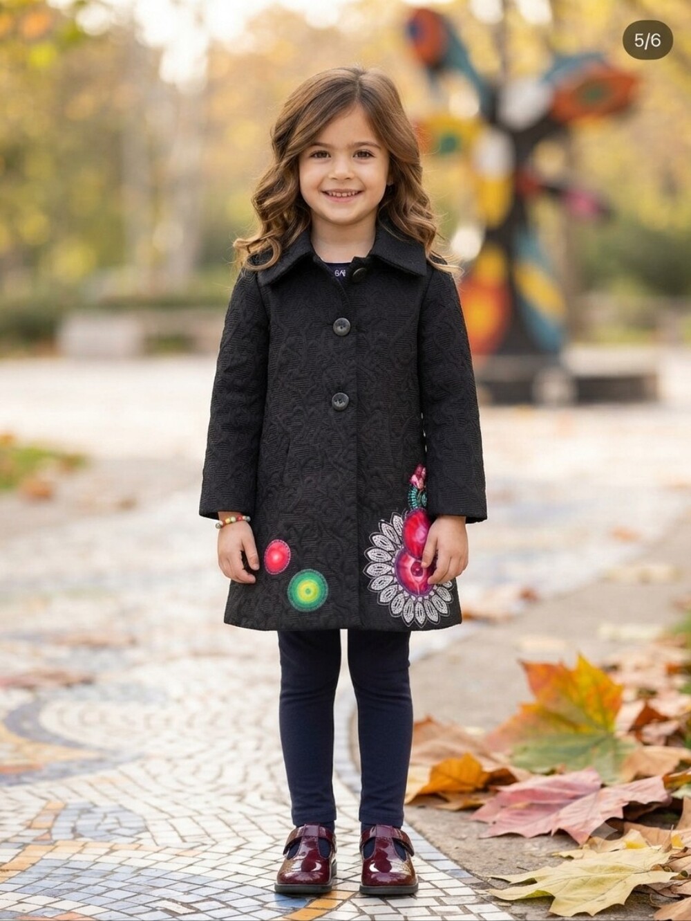 Desigual Girls 5/6 Y Black Embossed Designer Pea Coat Embroidered Flawed